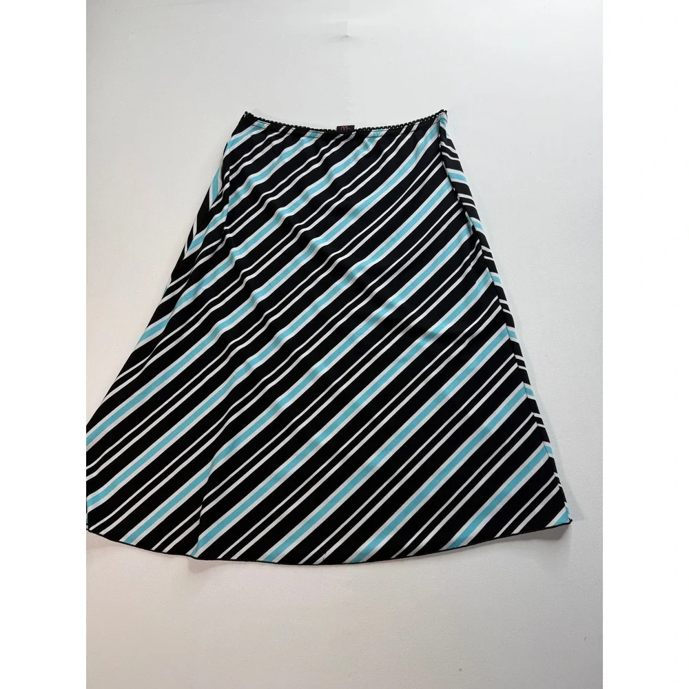 Wrapper‎ Striped A-Line Skirt Women's Medium Black Blue White Jersey Stretch